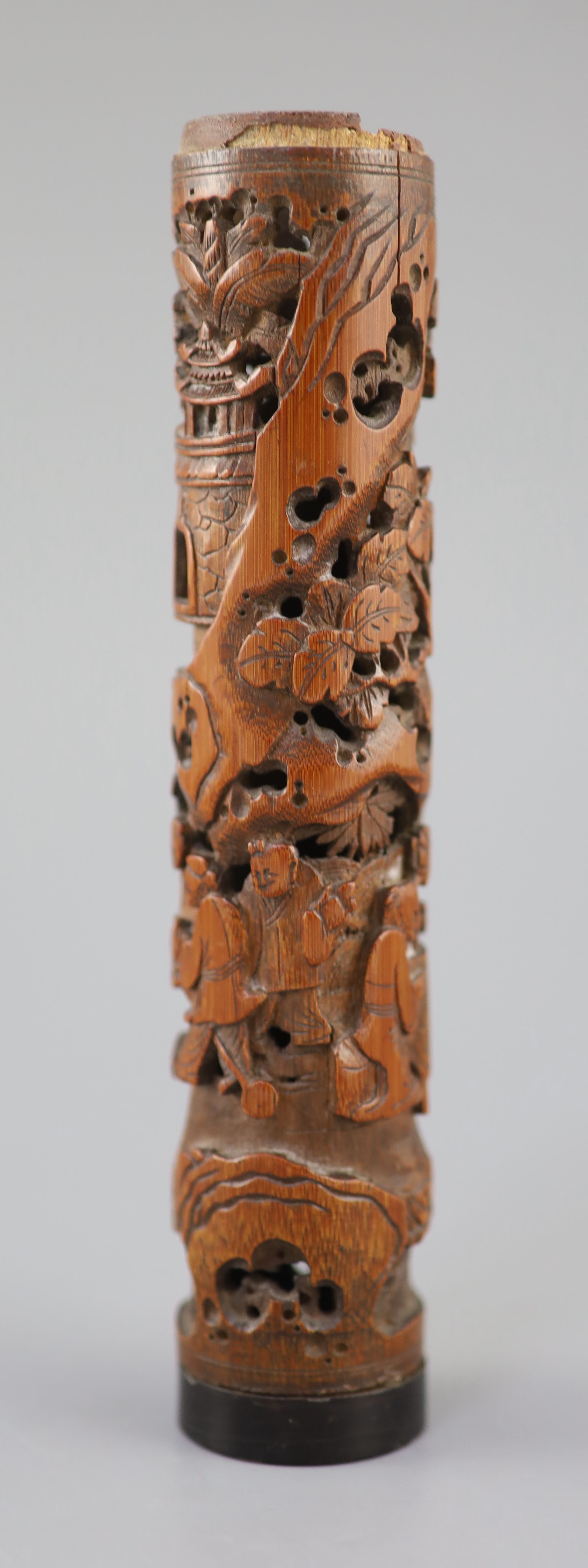 A Chinese bamboo landscape and figures perfume holder, 18th century,